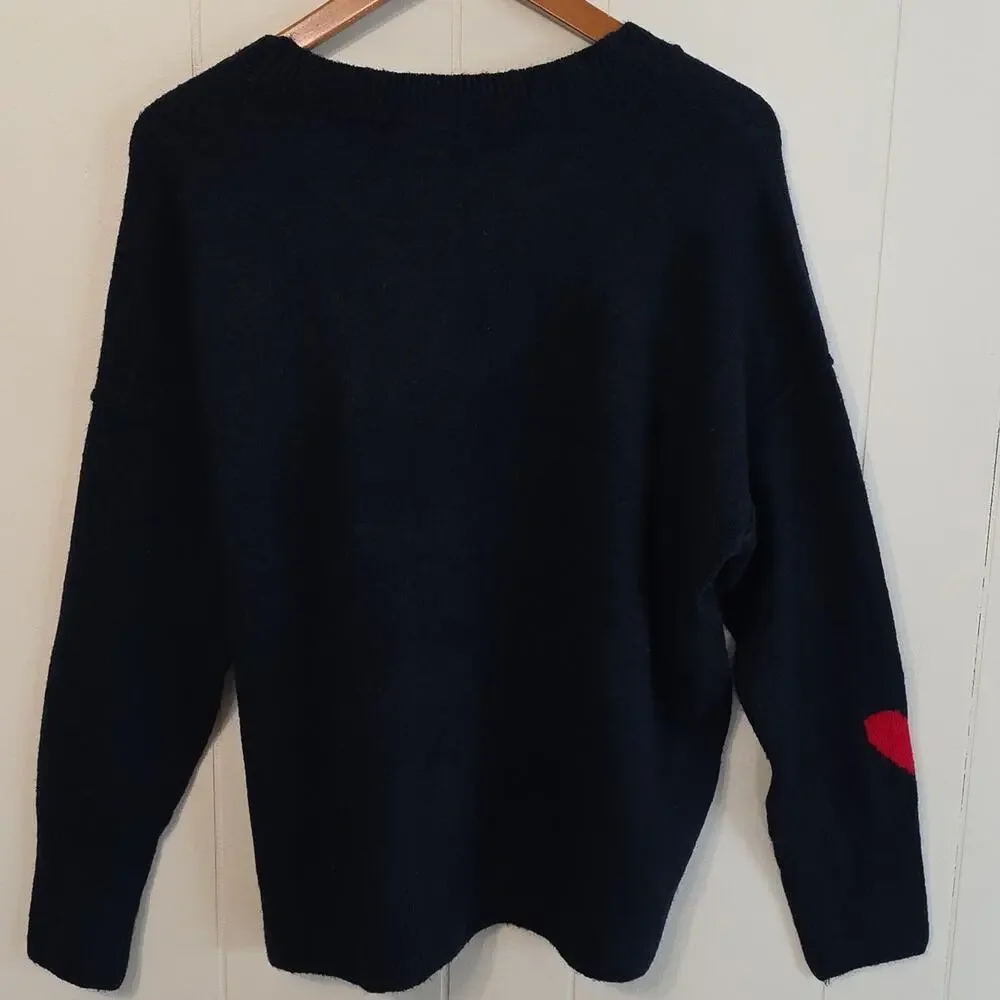 CeCe Heart Pattern Sweater Navy Pink Red Soft Crew Neck Sweater Women S Like New